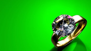 Yeşil ekranda elmas alyans, solda boş yer, izole edilmiş, kurgusal - 3D nesne