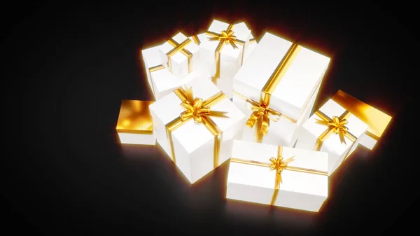 暗い背景での驚きの贈り物の輝くグループ オブジェクト3Dレンダリング — ストック写真