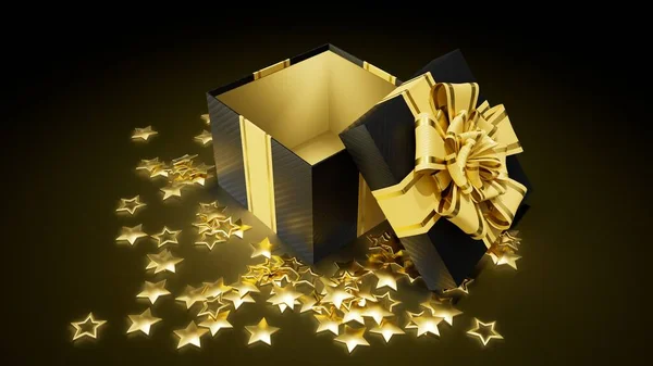 Opened Surprise Gift Box Gold Stars Black Friday Abstract Rendering — Stock Photo, Image