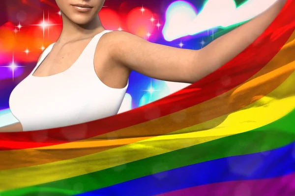 Beautiful Lady Holding Gay Pride Flag Front Her Party Lights — Zdjęcie stockowe