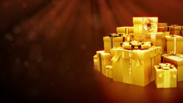 Goldener Geschenkkarton Stapel Für Weihnachten Mit Freiem Platz — Stockvideo