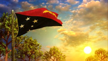Bayrak günü için gün doğumunda Papua Yeni Gine bayrağını sallamak - soyut 3D görüntüleme