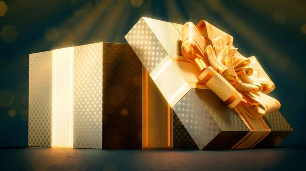 Gold Black Opened Giftbox Blue Abstract Rendering — Zdjęcie stockowe