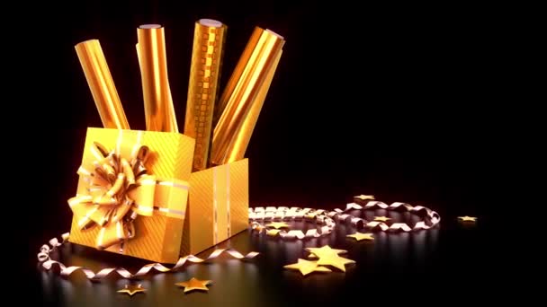Golden Present Packaging Paper Giftbox Dark Backdrop Isolated — Stock Video