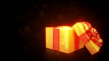 Koyu arkaplanda parlayan açık altın ve kırmızı hediye - nesne 3D illüstrasyon