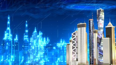 metaverse arkaplan - şehir dijital dünyaya entegre - soyut 3B görüntüleme