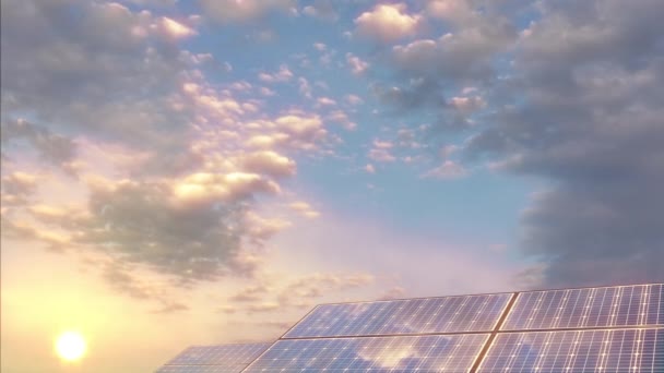 Ekologiczny Tech Farma Słoneczna Wschodzie Słońca Tle Nieba — Wideo stockowe