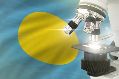 Palau Bilim Geliştirme Konsepti - bayrak arka planında mikroskop. Objenin klinik tıp veya aşı 3 boyutlu çizimi üzerine araştırma