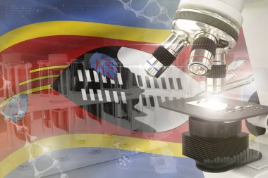Svaziland bayraklı mikroskop - Bilimsel gelişim dijital arka planı. Fizik tasarımı konsepti araştırması, nesnenin 3 boyutlu illüstrasyonu