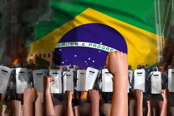 反乱停止の概念 旗の背景にブラジルで抗議 警察警備員は抗議群衆に対して立つ 軍事3Dイラスト — ストック写真