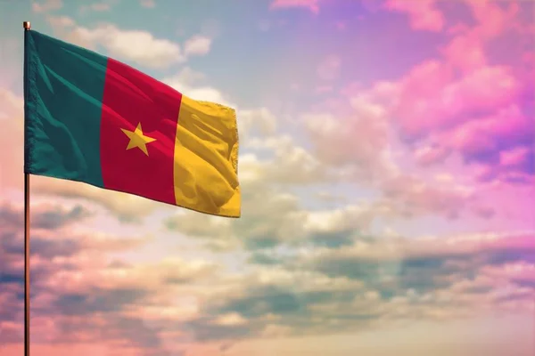 Fluttering Cameroon Flag Mockup Place Your Text Colorful Cloudy Sky — Stock Fotó