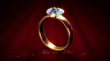 Koyu arkaplanda elmaslı altın nişan yüzüğü - nesne 3D görüntüleme