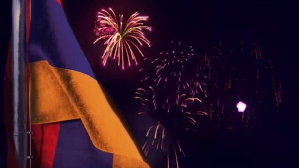 Flagge Hängt Feuerwerkshimmel Zum Staatsfeiertag Bokeh — Stockvideo