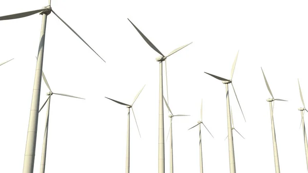 Nowoczesne Ekologiczne Generatory Turbin Wiatrowych Białym Tle Izolowane Fikcyjne Przemysłowe — Zdjęcie stockowe