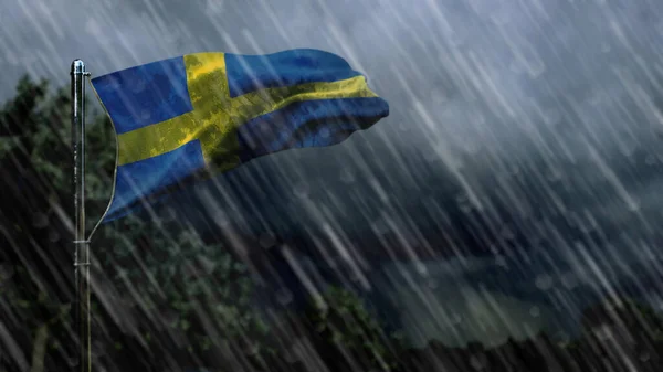 Flaga Szwecji Deszczem Ciemnymi Chmurami Symbol Złej Pogody Charakter Renderingu — Zdjęcie stockowe