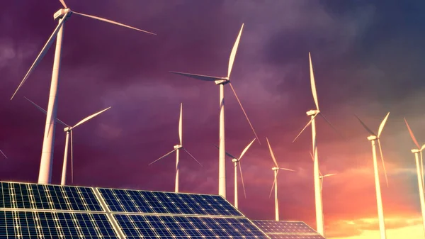 Sonnenkollektoren Und Windmühlen Sonnenuntergangshimmel Erneuerbare Energien Fiktiv Industrielles Rendering — Stockfoto