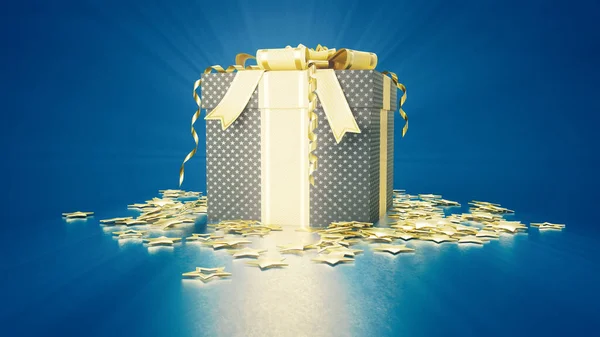 Nice Gift Gold Stars Blue Xmas Concept Abstract Rendering — Stockfoto