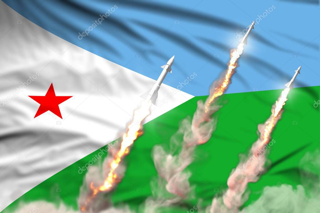 Modern strategic rocket forces concept on flag fabric background, Djibouti supersonic missile attack - military industrial 3D illustration, nuke with flag