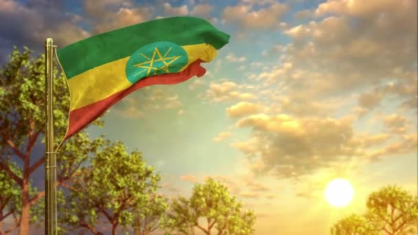 Waving Flag Ethiopia Sunset Any Holiday — Video Stock