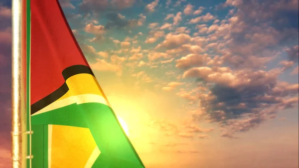 Guyana Flag Hanging Sunset Sky Independence Day Bokeh Object Rendering — Foto Stock