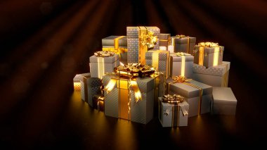 Kara Cuma için parlayan hediye yığınları karanlık arka planda kapalı gişe oynuyor - soyut 3D illüstrasyon