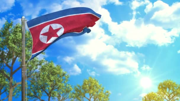 Flagge Nordkoreas Sonnigen Tag Sonnenlicht Und Glückssymbol — Stockvideo