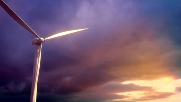 Ecologische High Tech Windturbine Generator Zonsopgang Lucht Achtergrond — Stockvideo