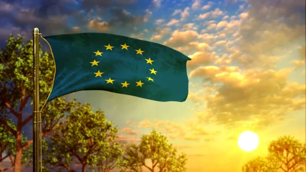 Acenando Bandeira União Europeia Pôr Sol Para Celebração Nacional Ilustração — Fotografia de Stock