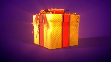 Parlak süslemeli altın ve kırmızı hediye kutusu - soyut 3D illüstrasyon