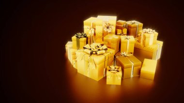 Altın hediye kutuları Noel veya Kara Cuma hediyesi olarak birikir, izole edilmiş - 3D nesne oluşturma