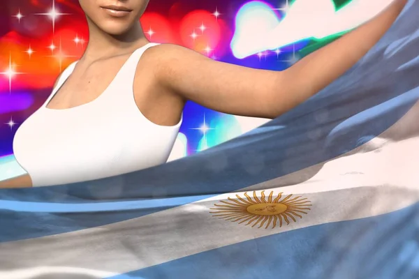 sexy woman is holding Argentina flag in front of her on the  party lights - flag concept 3d illustration