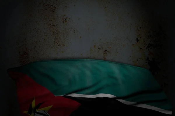 あなたのコンテンツのための空のスペースを持つ錆びた金属の上に大きな折り目のあるモザンビークの旗の素敵な暗い画像 任意の休日の旗3Dイラスト — ストック写真