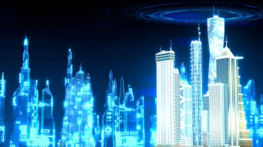 metaverse bg - dijital dünyaya entegre şehir - soyut 3D illüstrasyon