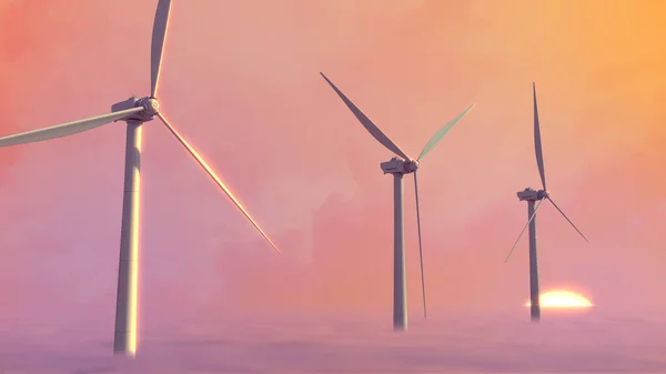 Ökologischer Windmühlengenerator Auf Sonnenaufgangshimmel Fiktive Industrielle Illustration — Stockfoto