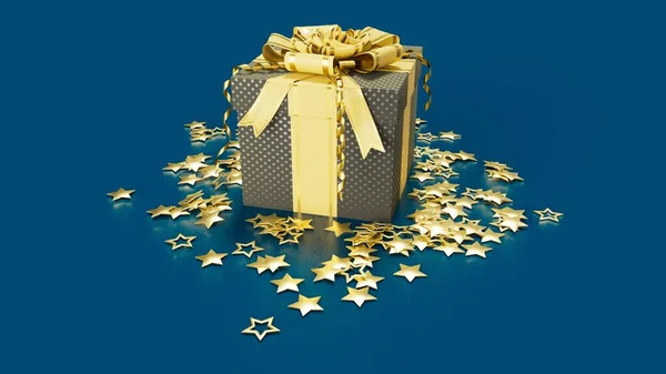 Goud Grijze Geschenkdoos Met Sterren Blauw Kerstconcept Abstracte Illustratie — Stockfoto