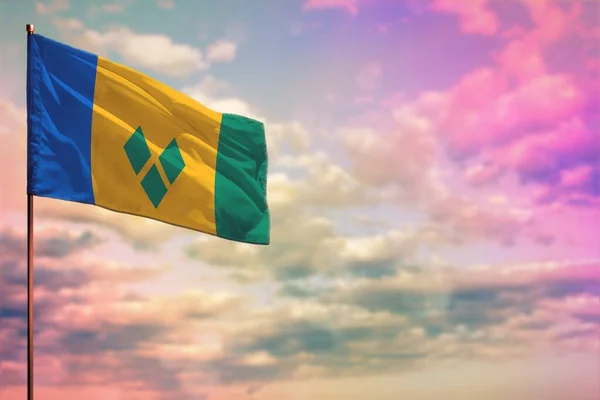 Fluttering Saint Vincent Grenadines Bandeira Mockup Com Lugar Para Seu — Fotografia de Stock