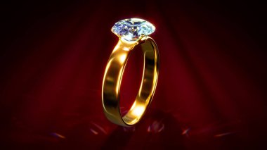 Koyu renkli arkaplanda altın elmas nişan yüzüğü - 3D nesne