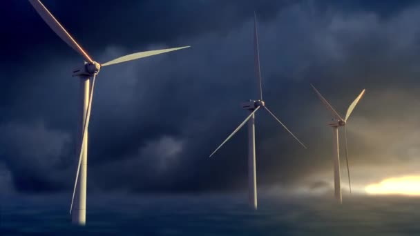 Ecologische Tech Windgeneratoren Zonsondergang Lucht Achtergrond — Stockvideo
