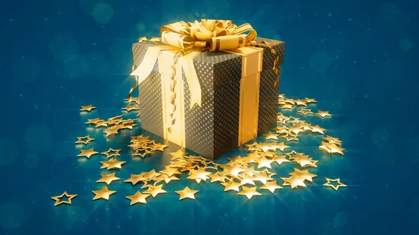 Cute Gift Box Złotymi Gwiazdami Niebiesko Koncepcja Nowego Roku Abstrakcyjna — Zdjęcie stockowe