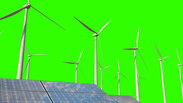 緑の画面上の生態系の太陽電池パネルと風力発電機 隔離された フィクティブ 工業用3Dイラスト — ストック写真