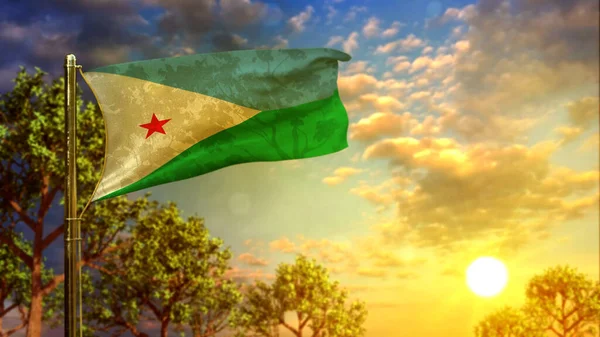 Agitant Drapeau Djibouti Coucher Soleil Pour Journée Des Vétérans Rendu — Photo