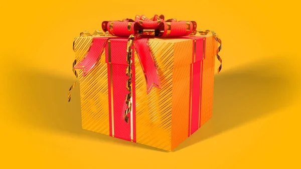 Dekorierte Goldene Rote Geschenkschachtel Auf Orangefarbenem Hintergrund Isoliert Objekt Illustration — Stockfoto