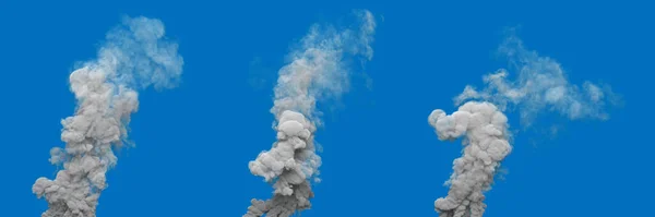 Γκρίζες Κολώνες Καπνού Ρύπανσης Από Δασικές Πυρκαγιές Μπλε Απομονωμένες Βιομηχανική — Φωτογραφία Αρχείου