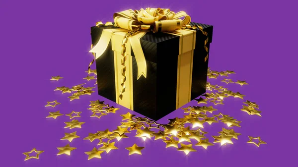 Gyönyörű Ajándék Doboz Arany Csillagok Fekete Péntek Ajándékozás Elszigetelt Tárgy — Stock Fotó