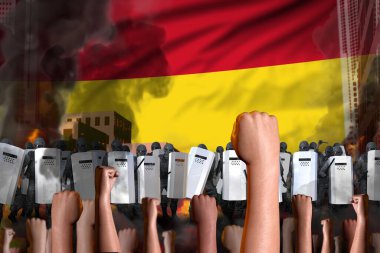 Bolivya 'da protesto - polis özel kuvvetleri bayrak arka planındaki protestoculara karşı durdu, gösteri dövüş konsepti, askeri 3D İllüstrasyon