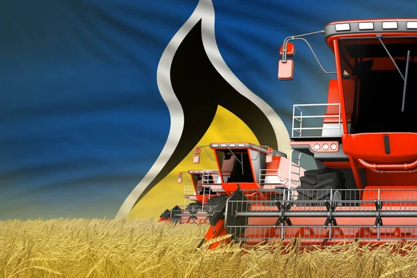 3つの赤現代の工業用3Dイラストは 農場のフィールド上のセントルシアの旗と収穫機を組み合わせる 農業の概念 — ストック写真