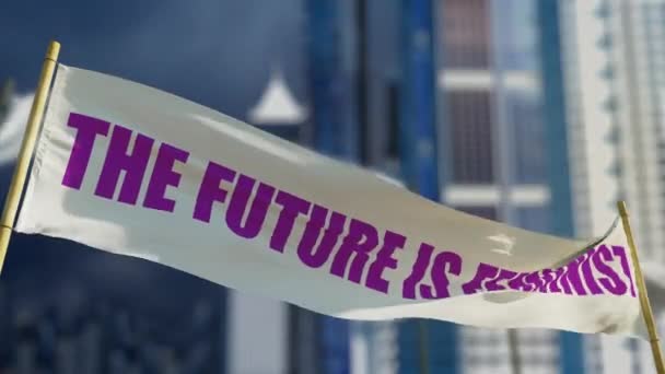 Framtiden Feministisk Transparens Banner Bokeh Stad Bakgrund — Stockvideo