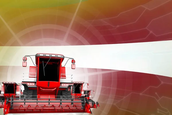 Çiftlik Makineleri Modernizasyon Konsepti Kırmızı Modern Çavdar Letonya Bayrağındaki Hasatçıları — Stok fotoğraf