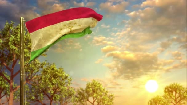 Ondeando Bandera Tayikistán Amanecer Para Día Conmemorativo — Vídeos de Stock