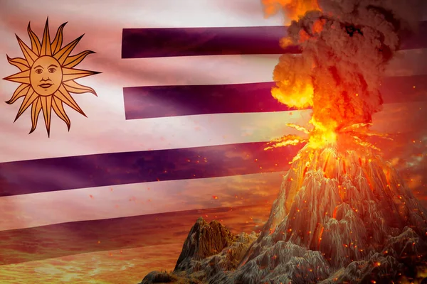 ウルグアイの国旗を背景に爆発する夜の円錐火山の噴火 災害と火山の地震の概念のためのトラブル 自然の3Dイラスト — ストック写真